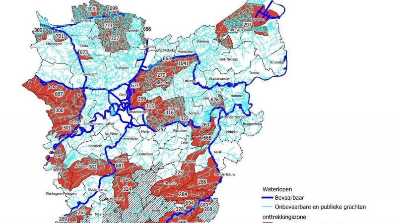 Het onttrekkingsverbod geldt in de roodgekleurde en gearceerde delen van Oost-Vlaanderen.