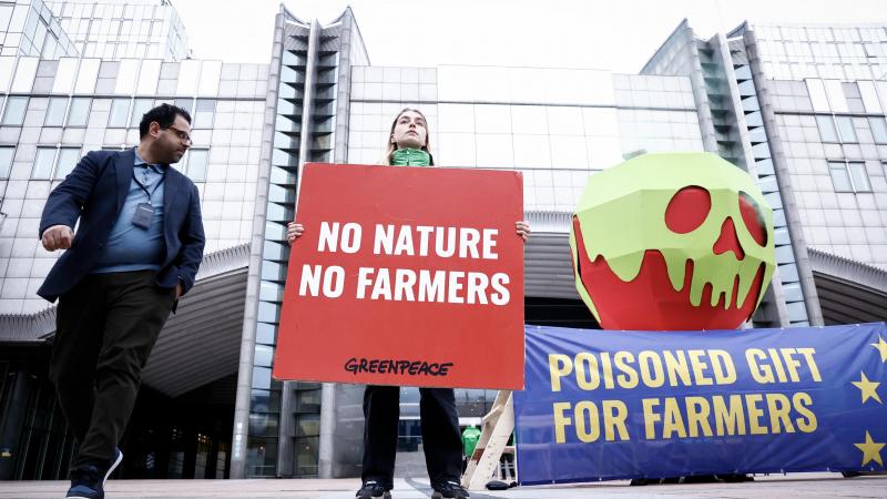 Greenpeace heeft op 11 april een gigantische appel voor het Europees Parlement geplaatst. Ze vragen zo aan de Europarlementsleden om landbouwers geen ‘vergiftigd geschenk’ te geven door de natuurbeschermingsregels in het gemeenschappelijk landbouwbeleid te schrappen.