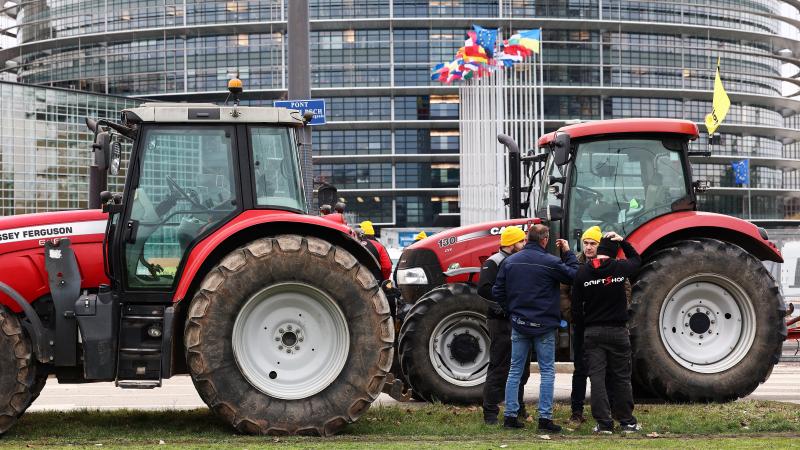 Boeren en natuurorganisaties protesteerden in het verleden al tegen de versoepeling van de GGO-wetgeving, zoals hier op 6 februari 2024 voor het Europees Parlement in Straatsburg.