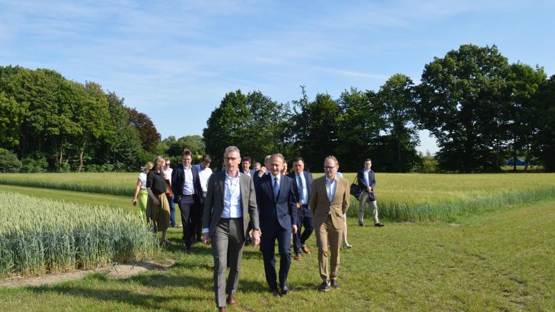 Joris Relaes van ILVO (vooraan) leidt Piotr Serafin en Ben Weyts langs enkele proefvelden.