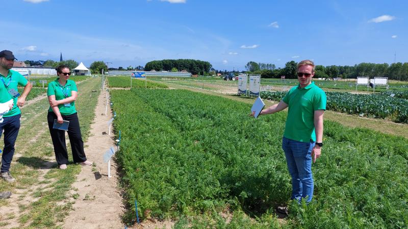(V.l.n.r.) David Dermaut,  Maud Buggenhout en Fons Medaer  gaven toelichting op het proefplatform van Certis Belchim.