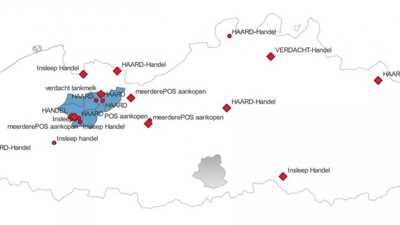 Deze figuur toont de nieuwe gevallen van IBR in Vlaanderen sinds 17 oktober. Legende: ruitjes = nieuwe (verdachte) gevallen, bolletjes = gevallen sinds eind augustus.