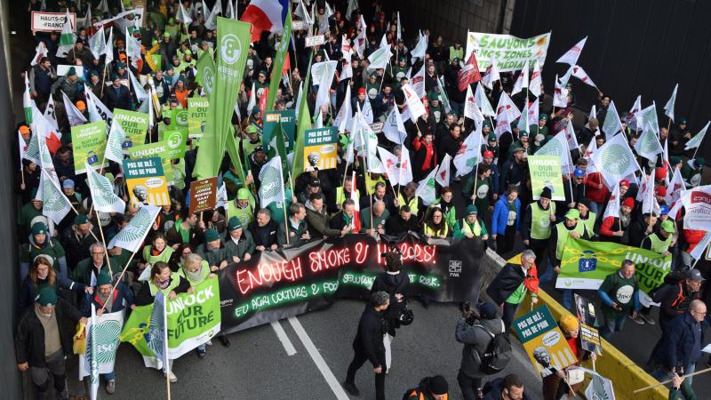 Duizenden boeren stapten samen over de kleine ring van Brussel om te protesteren tegen Europees beleid.