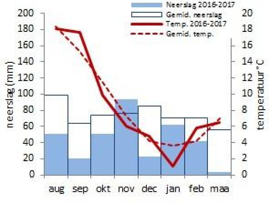 Totale neerslaghoeveelheid en gemiddelde temperatuur per maand in Ukkel in de periode voorafgaand aan de stikstofstaalname (augustus t/m februari) voor het seizoen 2017, vergeleken met de gemiddelde waarden van de laatste 20 jaar te Ukkel.