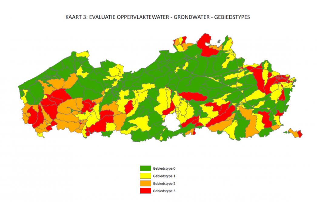 Indeling van de afstroomzones in verschillende gebiedstypes op basis de beoordelingskaders voor oppervlakte- en grondwater.