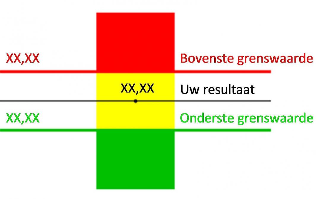 Figuur 1. Benchmarkfiguur waarin de gemiddelde BD
100
 over de voorbije periode van 1 jaar wordt vergeleken met twee grenswaarden, op basis waarvan de veehouder wordt ingedeeld in de groene, gele of rode zone. De veehouder in het voorbeeld is een aandachtsgebruiker.