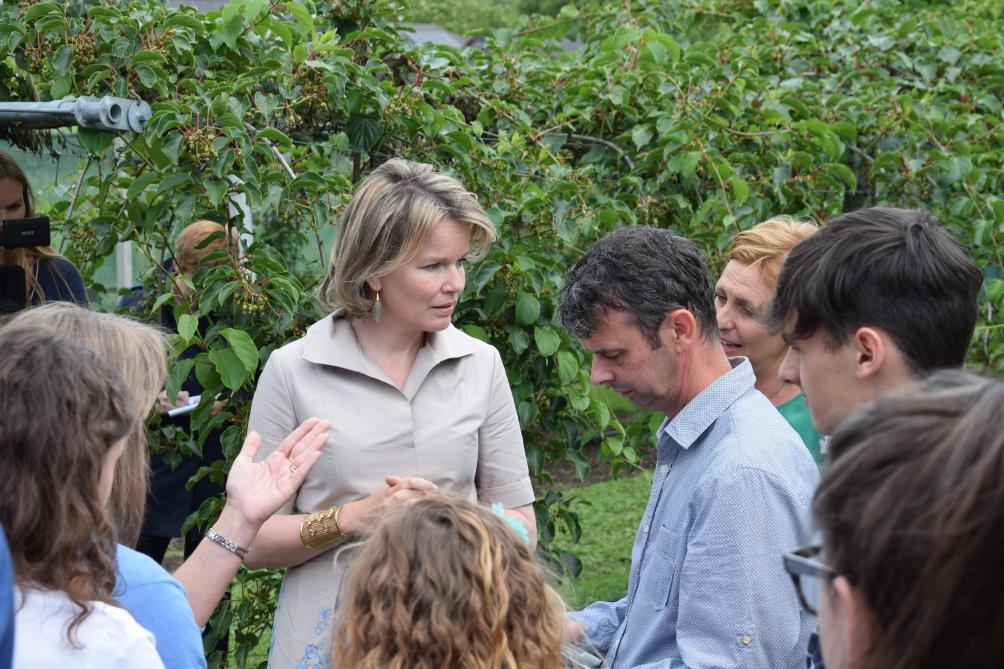 Koningin Mathilde toont belangstelling voor het vrouwelijke ondernemerschap op het tuinbouwbedrijf van Inge Zeeuws in Lummen.