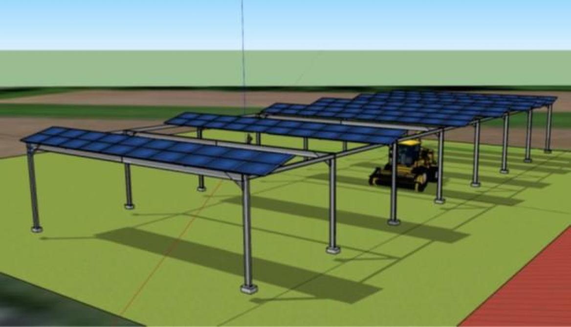Een ontwerp van de agrivoltaics constructie op TRANSfarm