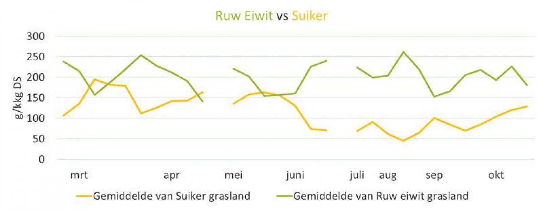 Verloop van het ruw eiwit- en suikergehalte in het gras tijdens 2020 op praktijkbedrijven West-Vlaanderen.