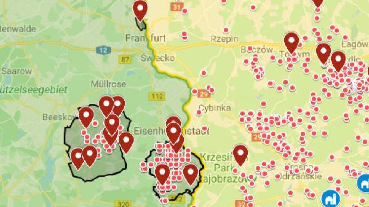 Grensgebied Duitsland (groen) met Polen (geel) met aanduiding van de getroffen Duitse deelstaten en alle AVP-gevallen bij everzwijnen (rood) in beide landen.