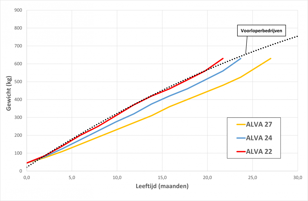 Figuur 1. Geactualiseerde groeicurves in functie van de afkalfleeftijd van de vaarzen (ALVA 22, 24 en 27)