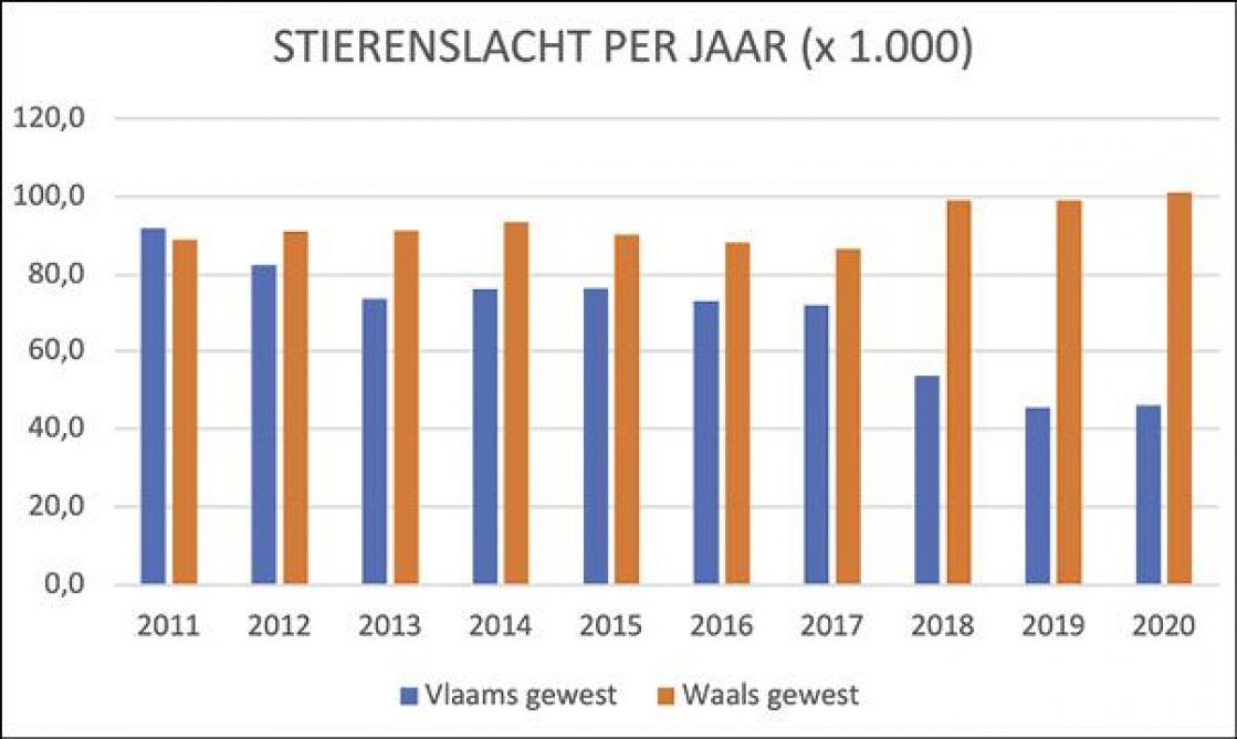 Figuur 6: Verdeling van de stierenslachterij over de gewesten. Productie in 1.000 stuks per jaar, periode 2011-2020.