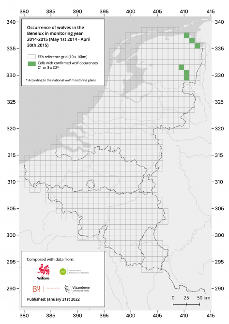 Verspreiding wolf in de Benelux 2014 – 2015.
