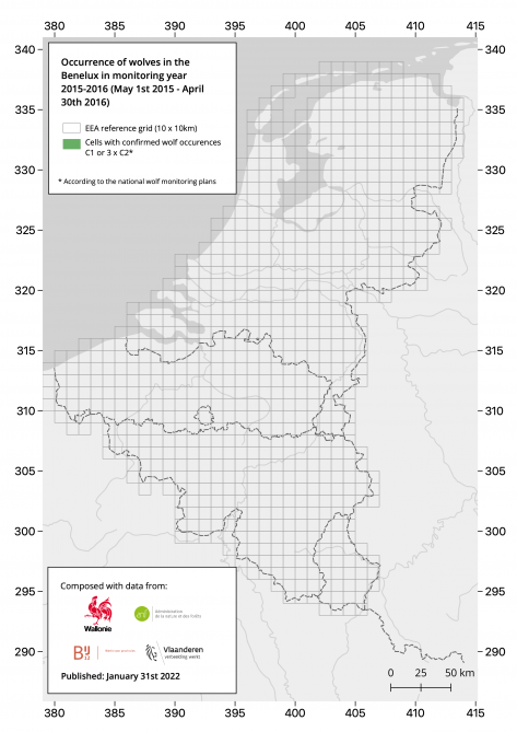 Verspreiding wolf in de Benelux 2015 – 2016.