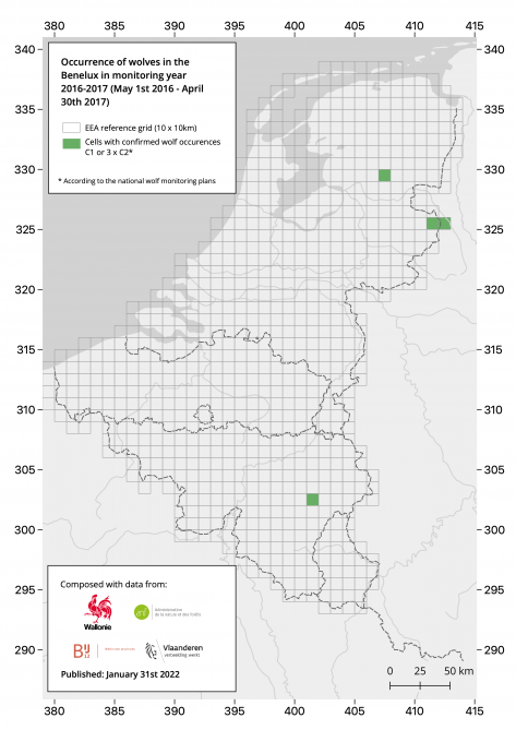 Verspreiding wolf in de Benelux 2016 – 2017.