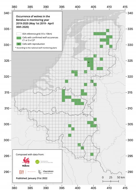 Verspreiding wolf in de Benelux 2019 – 2020.