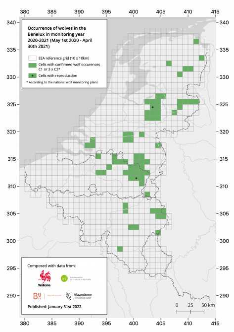 Verspreiding wolf in de Benelux 2020 – 2021.