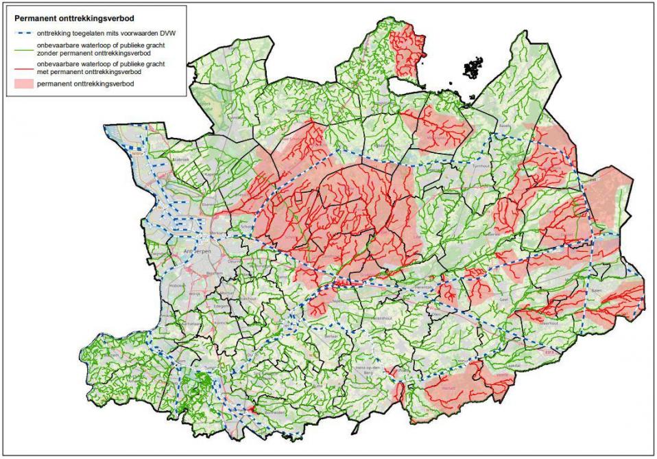 Kaart: De afgebakende stroomgebieden met onttrekkingsverboden.