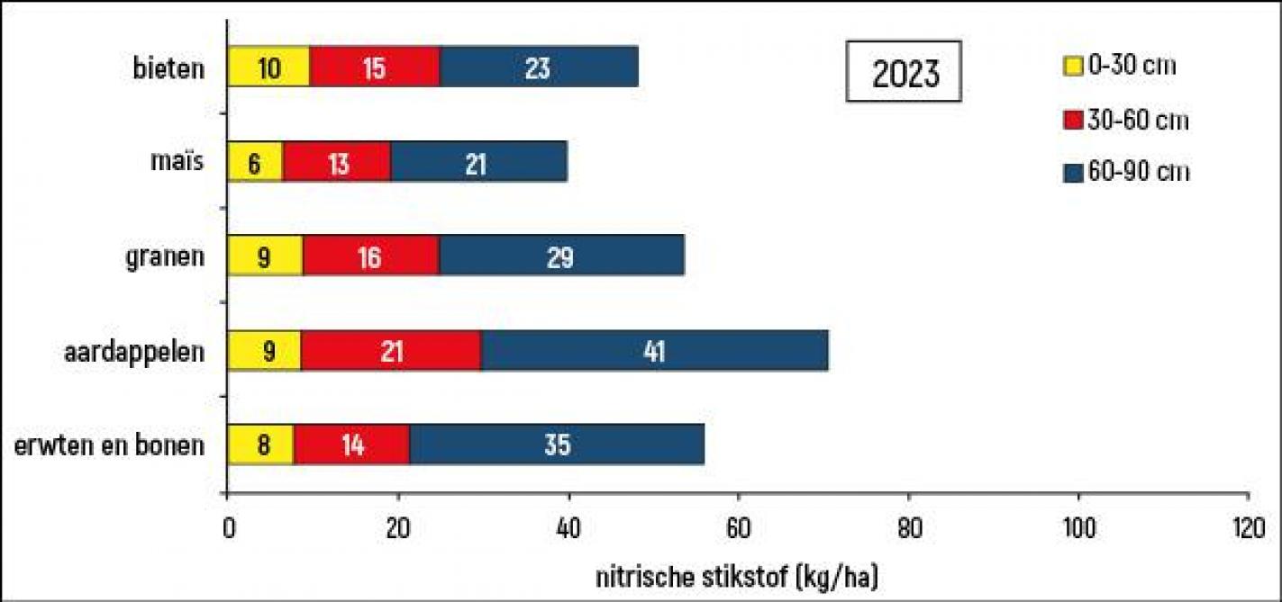 Figuur 2: De nitraatvoorraden bij tarwepercelen in het voorjaar van 2023 voor verschillende voorteelten op basis van de gegevens van de Bodemkundige Dienst van België, statistieken opgesteld op 20 februari 2023.