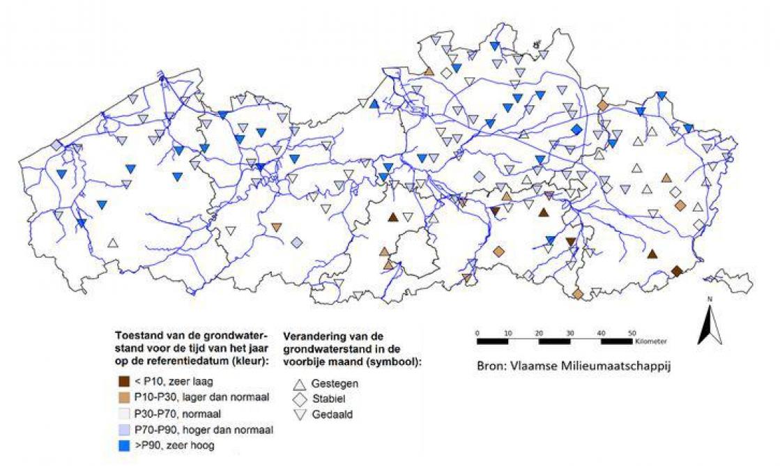 Huidige grondwaterstandsveranderingen en relatieve situering van de huidige freatische grondwaterstand begin mei.