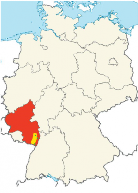 Het Duitse wijnbouwgebied Pfalz (geel) ligt in het zuiden van de deelstaat Rijnland-Palts (Duits: Rheinland-Pfalz) (rood).