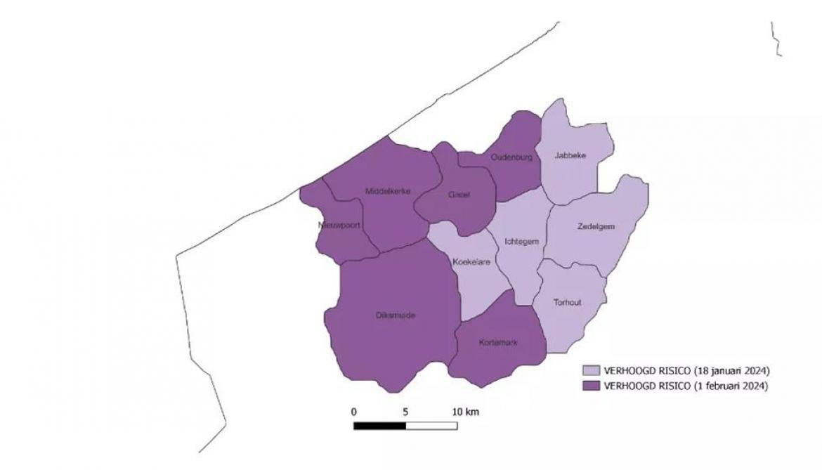 Het kaartje geeft een overzicht van de nieuwe regio ‘verhoogd risico’ voor IBR in West-Vlaanderen op 1 februari 2024.
