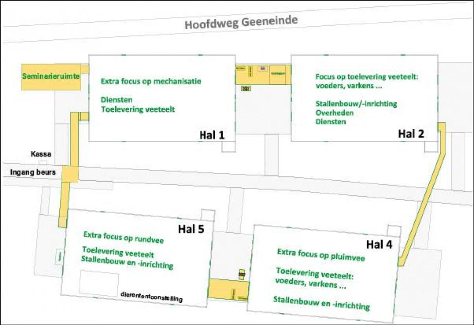Schematisch overzicht van de sectoren in de hallen tijdens de Agridagen.