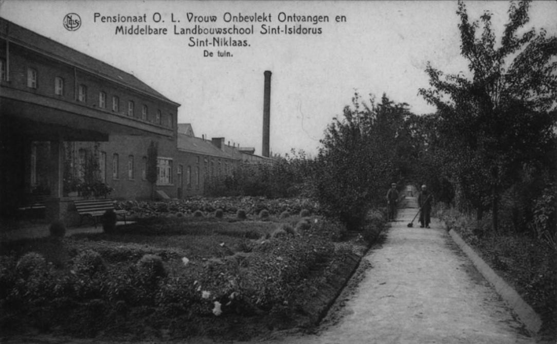 Oude foto van de tuin van de landbouwschool in Sint-Niklaas.