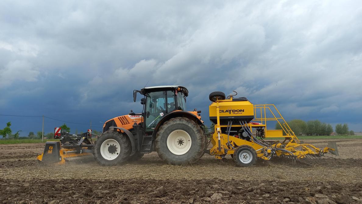 Directzaai van maïs in groenbemester net voor de regen.