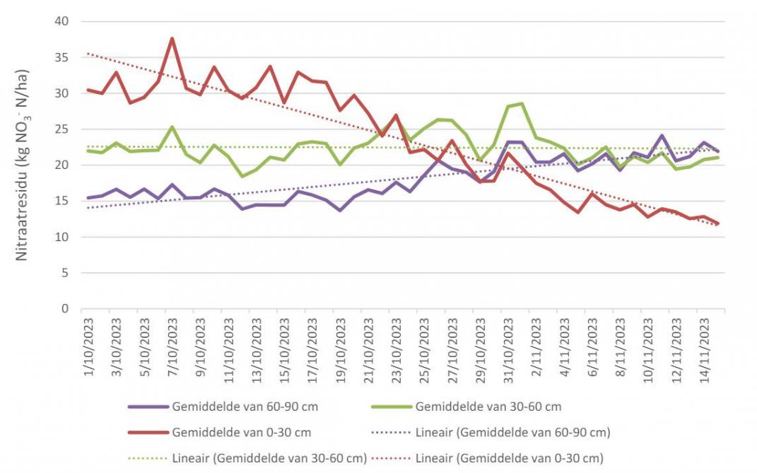 Gemiddelde nitraatresidu per dag per bodemlaag (0-30 cm, 30-60 cm, 60-90 cm) met trendlijn.