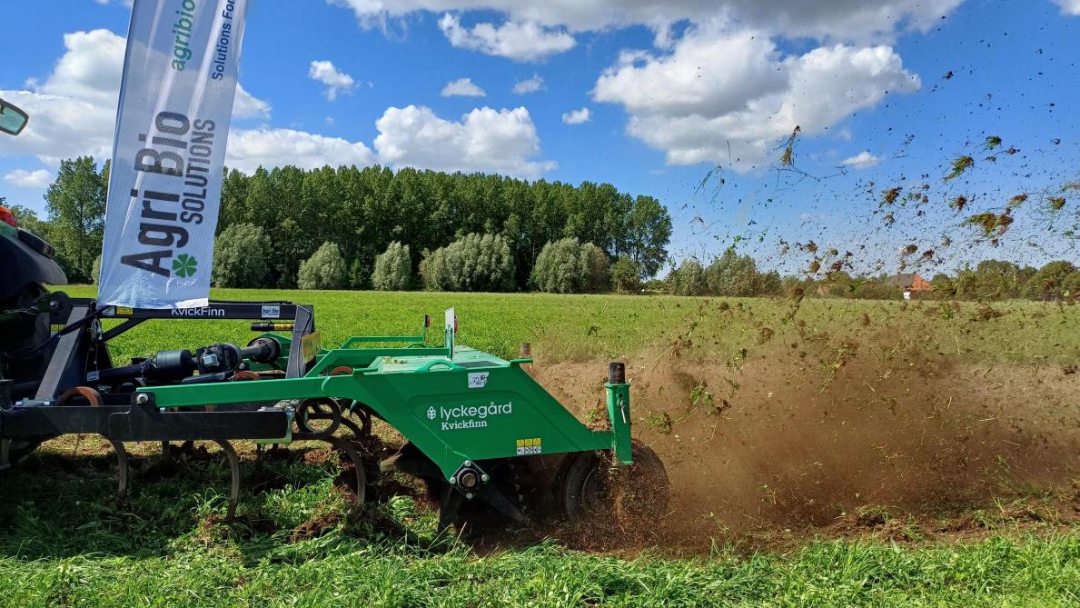 De Kvick-Finn schoffelcultivator kan snel kweekgras verwijderen in diverse stappen.