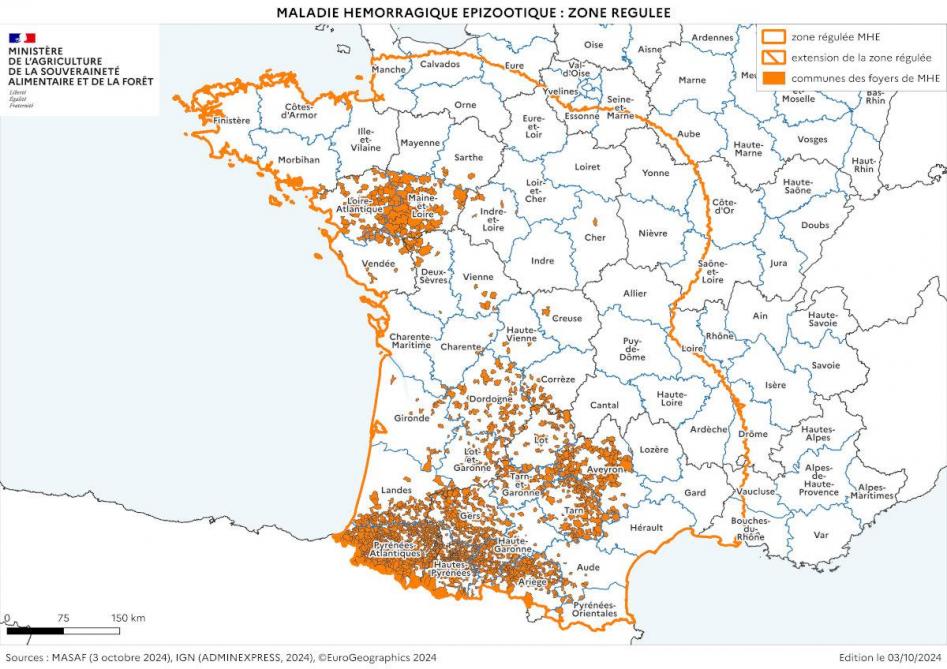 Verspreiding van EHD in Frankrijk. De oranje vlekken zijn besmettingshaarden. De oranje lijn duidt de grens aan van de beschermingszone.