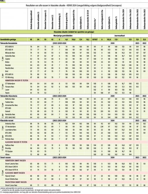 Tabel 1: Resultaten van alle rassen in klassieke situatie - KBIVB 2024 (rangschikking volgens bladgezondheid Cercospora).