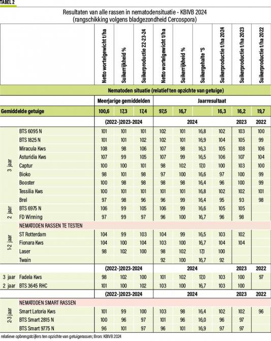 Tabel 2: Resultaten van alle rassen in nematodensituatie - KBIVB 2024 (rangschikking volgens bladgezondheid Cercospora).