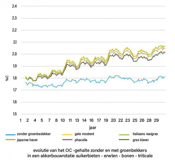 Figuur 2: Evolutie van het organischekoolstofgehalte zonder en met groenbedekkers in een akkerbouwrotatie suikerbieten - erwten - bonen - triticale.