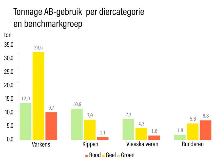 Tonnage antibioticagebruik per diercategorie en benchmarkgroep.