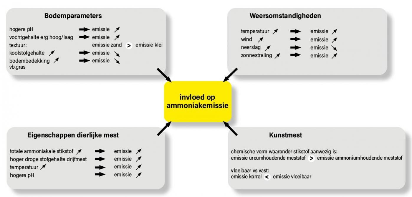 Figuur1: Overzicht van de factoren die de ammoniakvervluchtiging beïnvloeden, ingedeeld in 4 categorieën: bodemparameters, weersomstandigheden, eigenschappen van dierlijke mest en type kunstmest.