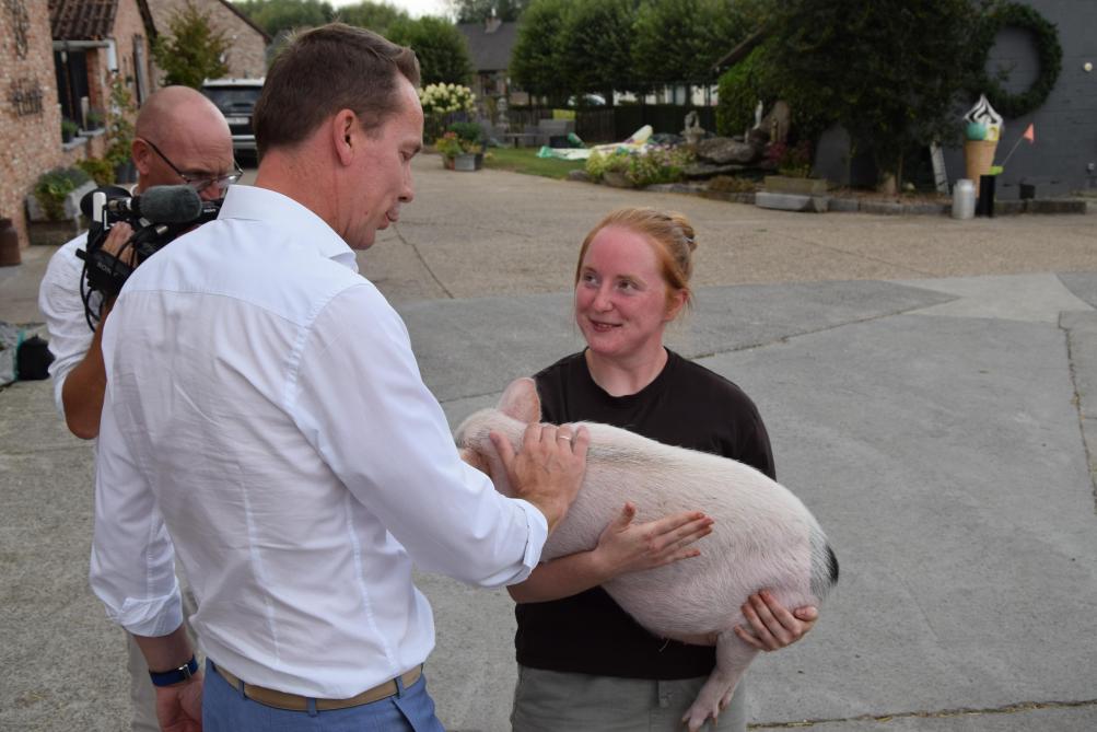 Stephanie overhandigt Brouns Big, een van de varkentjes die al een rusthuis bezocht.