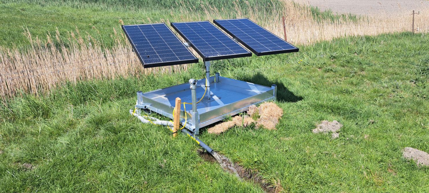 Plasdraspompen brengen water uit een nabijgelegen gracht op de percelen om ze te vernatten.