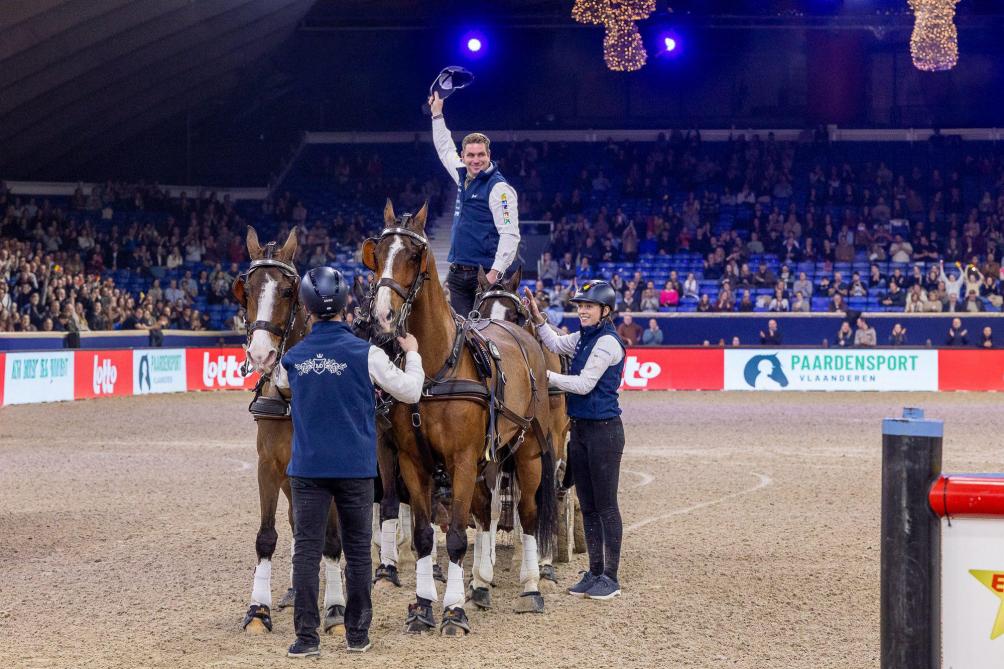 Dries Degrieck, zijn span en begeleiders legden beslag op de FEI Driving World Cup 2025 in de Nekkerhal.