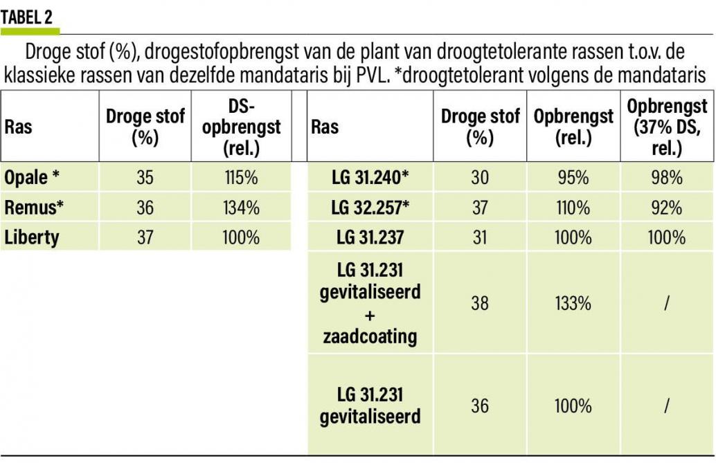 Tabel 2: Droge stof (%), drogestofopbrengst van de plant van droogtetolerante rassen ten opzichte van de klassieke rassen van dezelfde mandataris bij PVL.