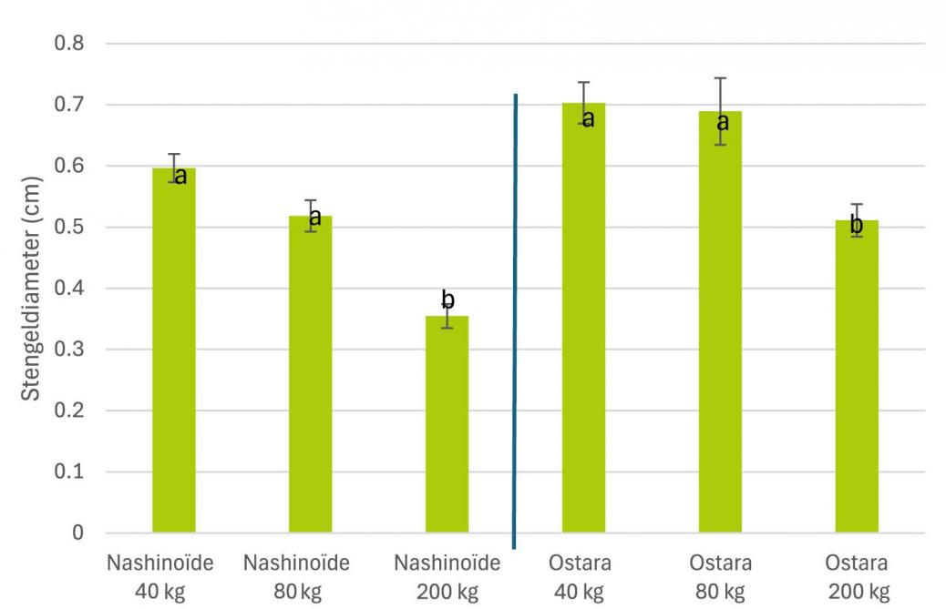 Figuur 4: stengeldiameter (cm) bij zaaidichthedenproef aangelegd bij het PVL.