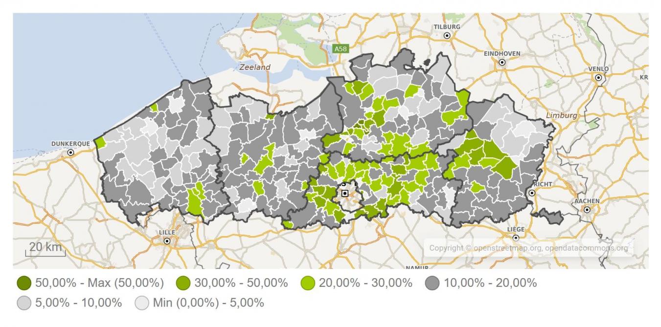 Figuur 4: Aandeel van de bedrijven per gemeente dat minstens 1 korteketenactiviteit uitoefent in 2023.