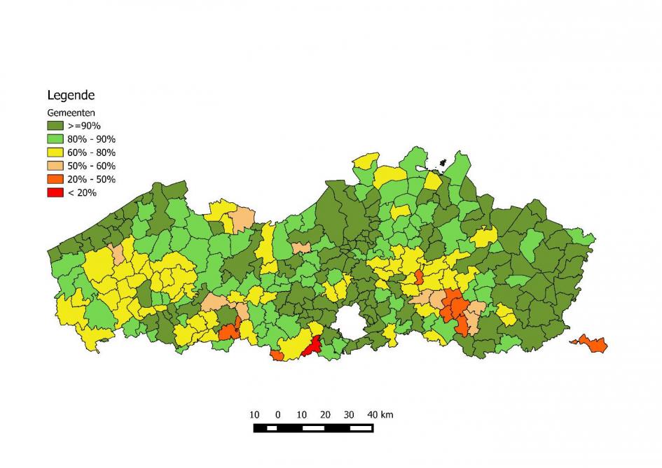 Figuur 1. Kaart saneringsgraad per gemeente - toestand eind 2024