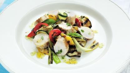 2018-06-29 Gebakken konijnenfilet met lauwe salade van gegrilde groenten en