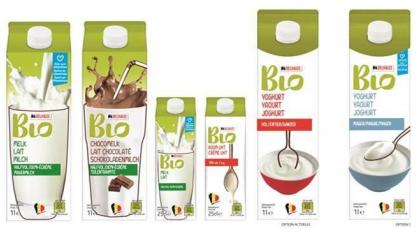 Dit is het voorlopige ontwerp van  de verpakkingen  met uitsluitend  Belgische biomelk  die Delhaize vanaf 1 juli aanbiedt.