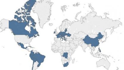 Voorkomen van de Piétrain over de wereld. Donkerblauw gekleurde landen,  zijn landen waar Piétrains geregistreerd staan bij de FAO.