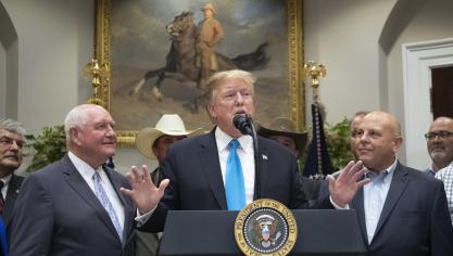 De VS is in een handelsconflict met China verwikkeld. China stelde importheffingen op Amerikaanse landbouwproducten in. De Amerikaanse president Donald Trump heeft ter compensatie boeren extra steun toegezegd. Links van hem staat landbouwminister Sonny Perdue.
