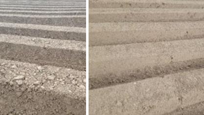 Toestand van de ruggen voor wortelteelt op 3 mei 2019. Het perceel werd op 6 en 11 april oppervlakkig bewerkt met Treffler. Op 20 april werd kerend (foto links) versus niet-kerend (met Neolab) (foto rechts) bewerkt, waarna gerotoregd en de ruggen getrokken werden.