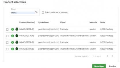 Screenshot uit de EVA-app waarbij de groene kleur van het lieveheersbeestje erop wijst dat dit product veilig is voor natuurlijke vijanden.